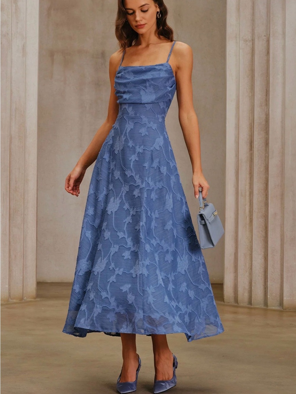 RIHOAS Dusty Blue Floral A-Line Midi Dress with Spaghetti Straps